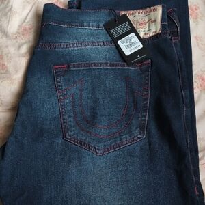 True Religion Men's Straight Jeans - Dark Blue with Red Stitching